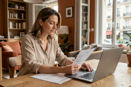 Femme comparant des offres d'assurance habitation sur son ordinateur portable dans un appartement de Bondy