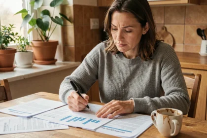 Femme comparant des offres d'assurance habitation sur papier dans une cuisine moderne