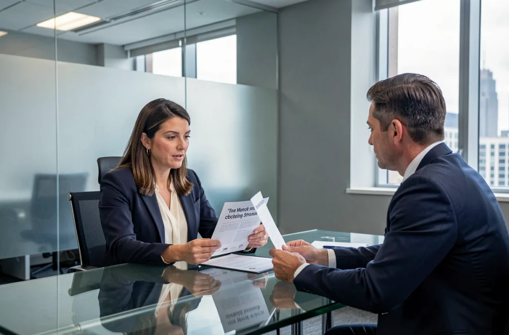 Femme discutant d'un devis d'assurance propriétaire bailleur avec un conseiller en agence