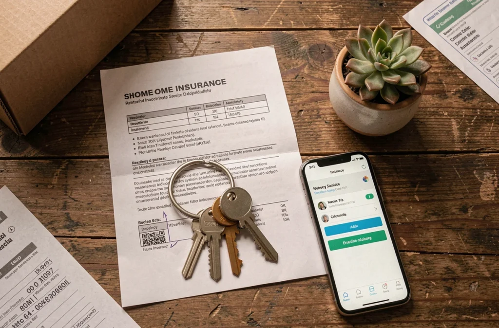 Vue de dessus d'un bureau avec contrat d'assurance habitation, clés et smartphone pour un locataire