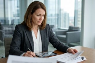 Gestionnaire de SCPI analysant des documents financiers dans un bureau moderne vitré