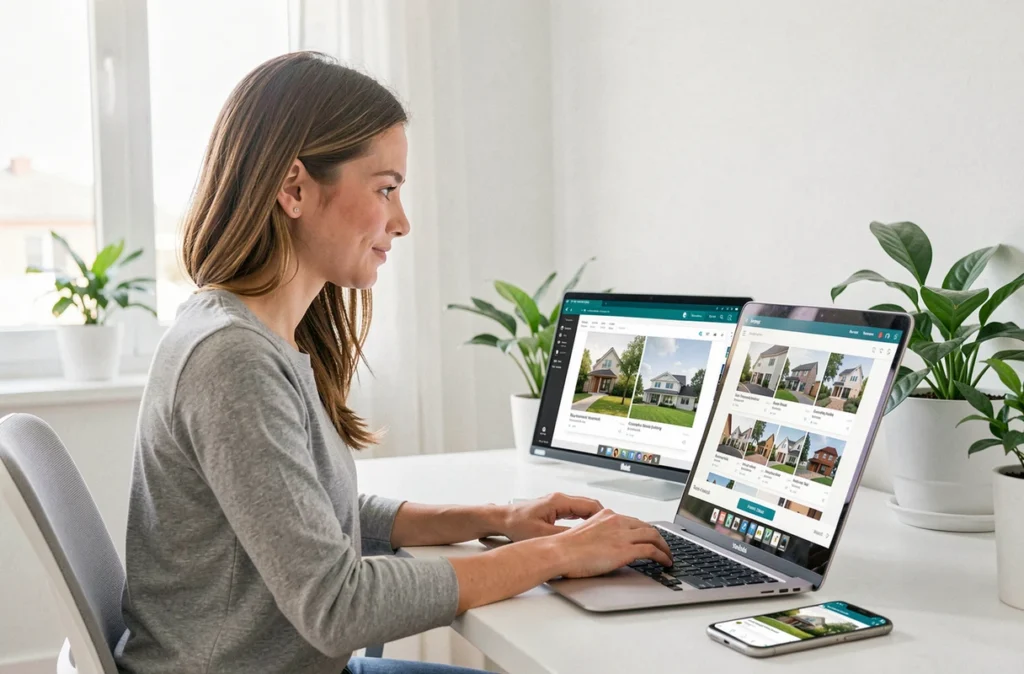 Conseillère immobilière en ligne travaillant sur ordinateur pour une agence digitale à commission fixe dans l'Hérault