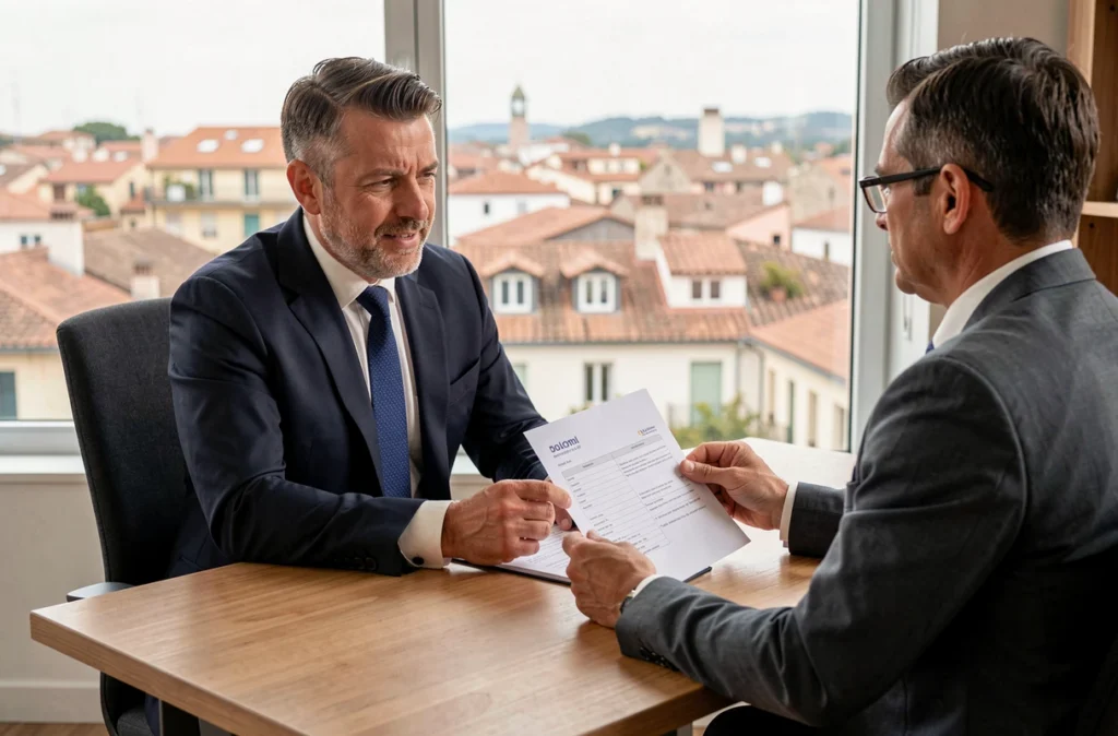 Courtier ImmoBanques Toulouse Centre en consultation immobilière avec un client, bureau moderne en centre-ville