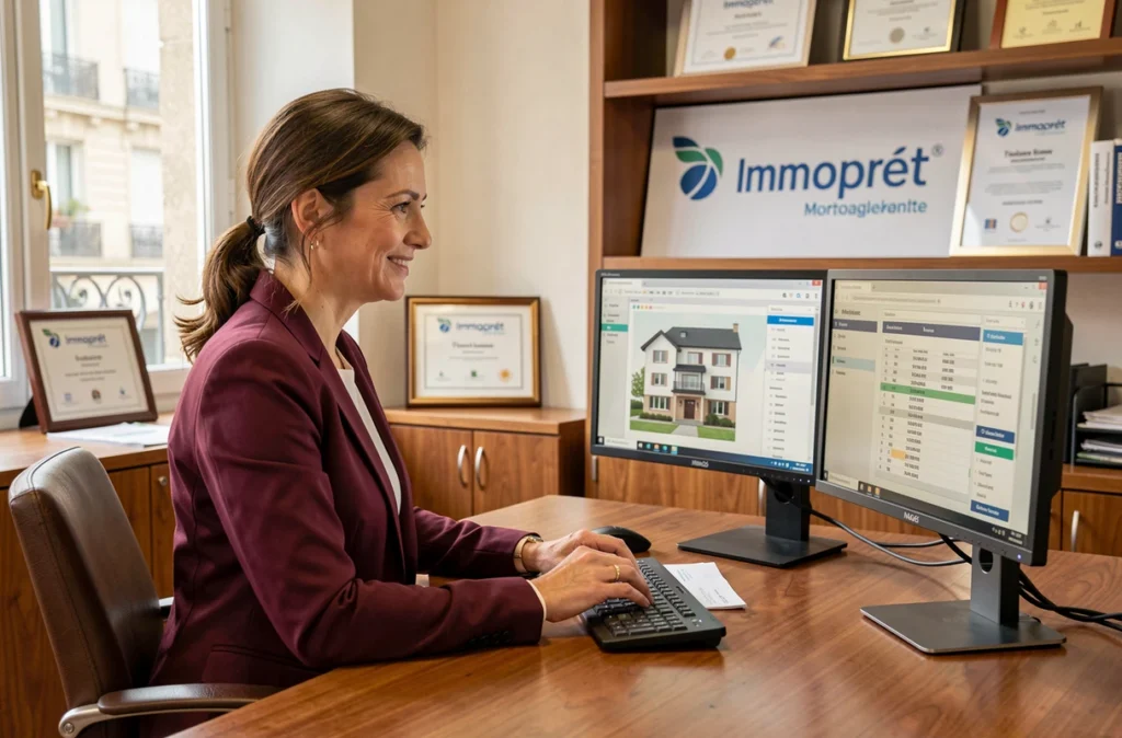 Courtière d'Immoprêt Toulouse Centre présentant une simulation de prêt immobilier à un client