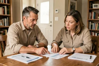 Deux co-indivisaires discutent de leur assurance habitation autour de documents sur une table en bois dans un appartement
