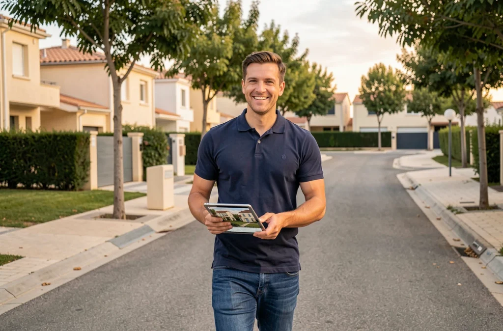 Agent mandataire IAD France parcourant un quartier résidentiel de Vendargues avec une tablette
