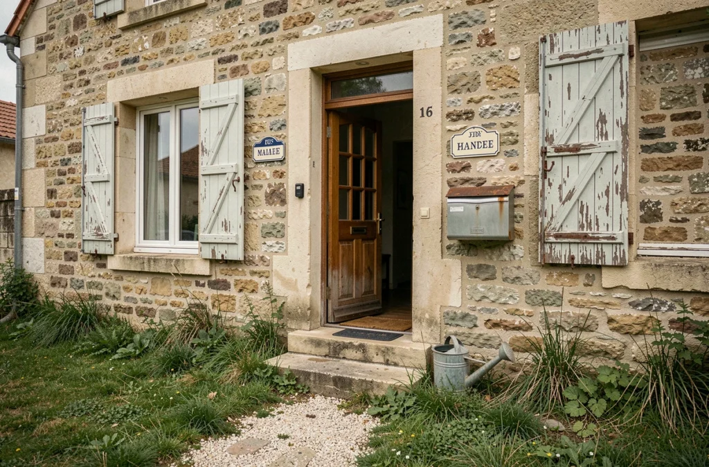 Façade d'une maison en indivision avec deux plaques de propriétaires et jardin partagé à l'abandon