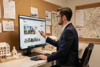 Agent immobilier professionnel dans un bureau moderne du Nord de la France consultant des annonces immobilières