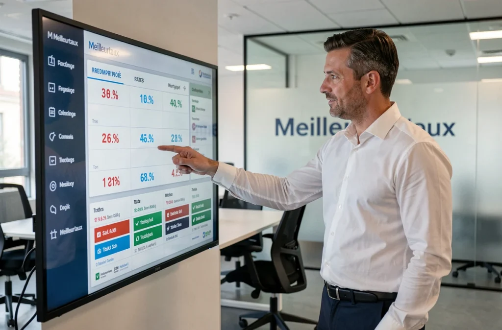 Conseiller de Meilleurtaux Toulouse Centre expliquant des comparatifs de taux de crédit immobilier sur écran