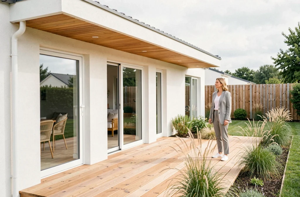 Maison contemporaine plain-pied avec grande terrasse en bois illustrant les réalisations de MTC Maisons Individuelles à Nantes