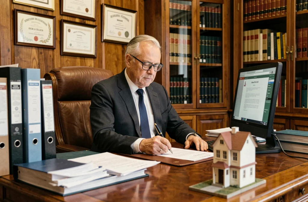 Notaire examinant un document d'indivision immobilière dans son bureau professionnel