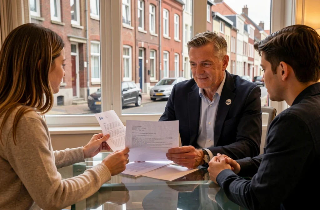 Agent Orpi en réunion avec des clients pour la signature d'un contrat immobilier dans le Nord