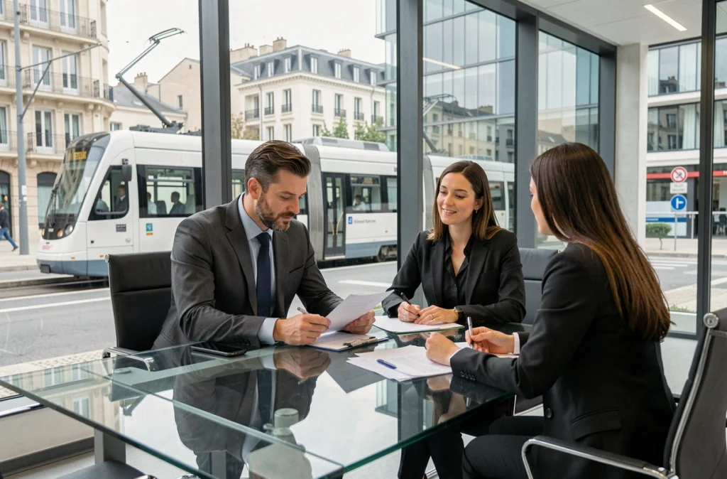 Équipe d'agents immobiliers Orpi en réunion dans un bureau moderne de Montpellier