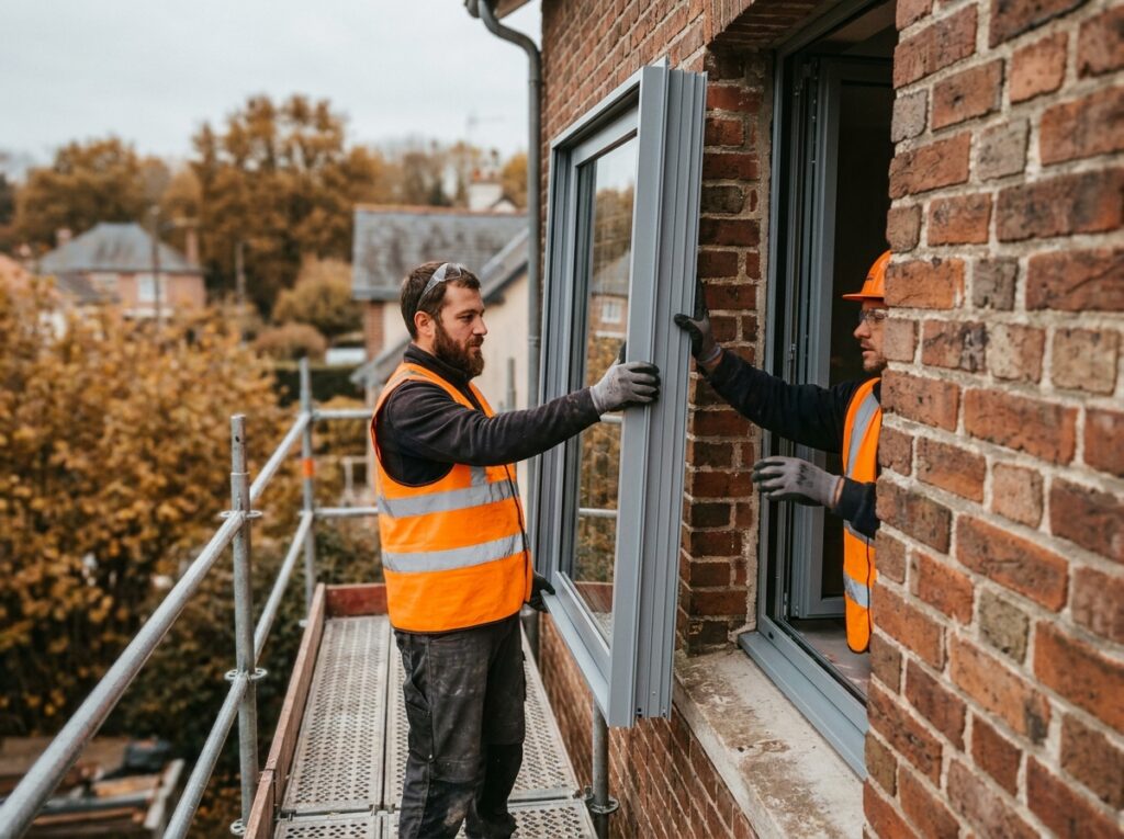 Deux ouvriers installant une fenêtre double vitrage sur une façade en brique au Mans