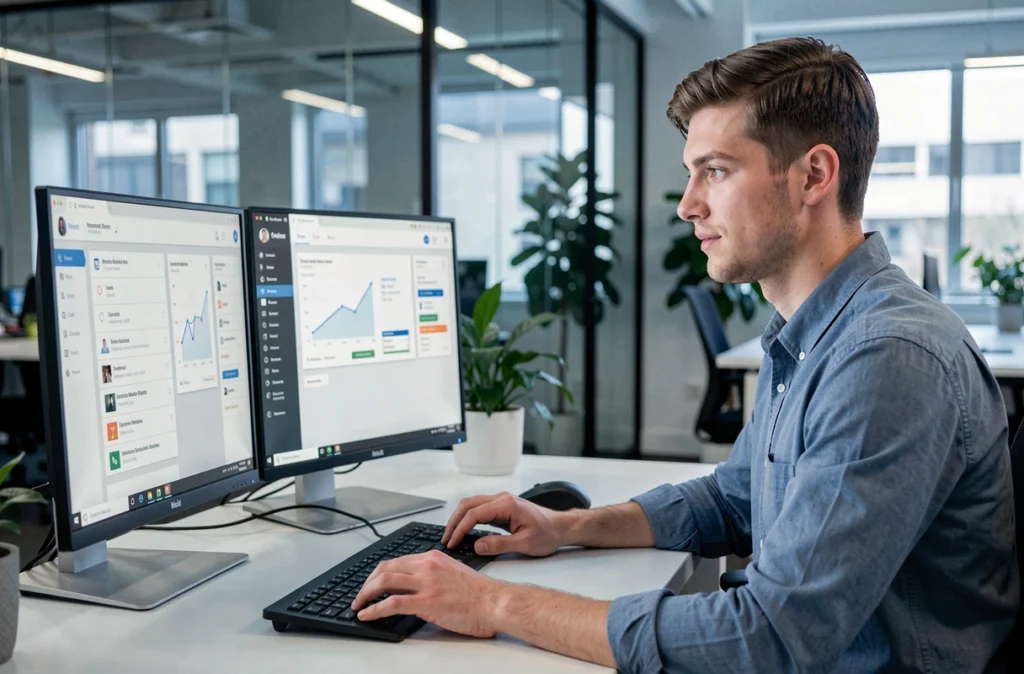 Courtier digital Pretto travaillant sur une plateforme de prêt immobilier numérique depuis un espace de coworking en Haute-Garonne