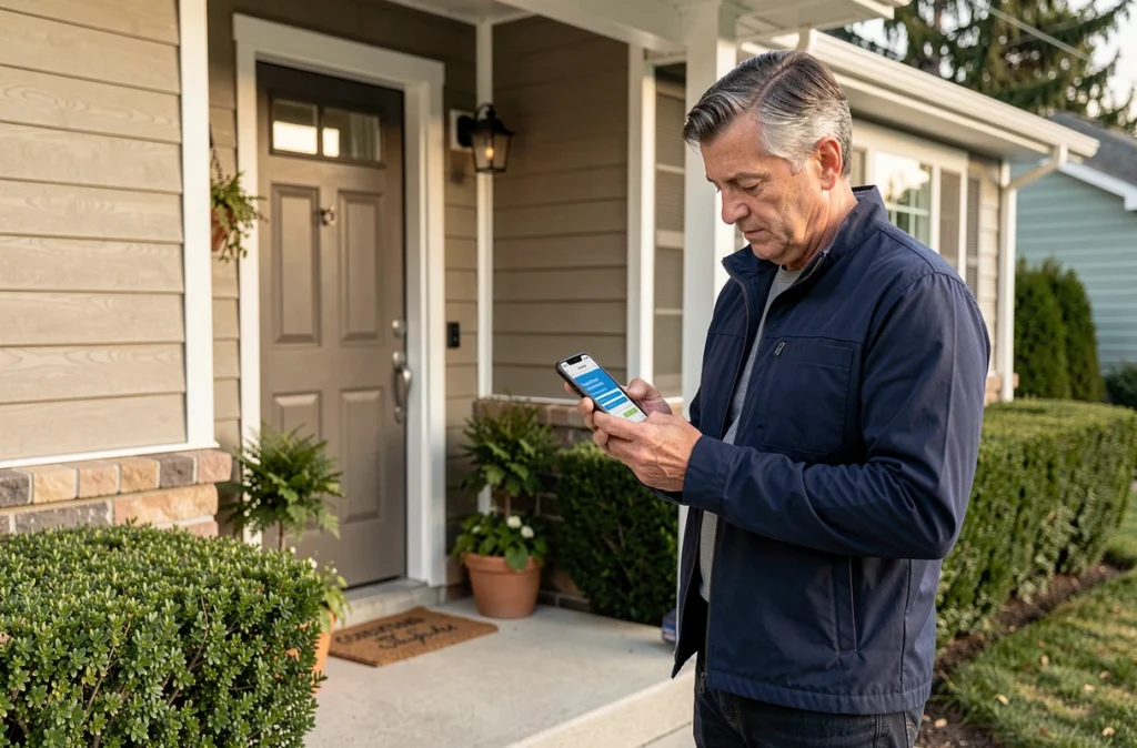 Propriétaire consultant une comparaison d'assurances habitation sur smartphone devant sa maison