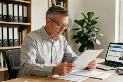 Propriétaire bailleur examinant des documents d'assurance sur son bureau à domicile