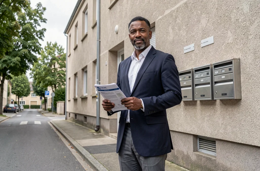 Propriétaire tenant un contrat d'assurance habitation devant un immeuble résidentiel à Bondy