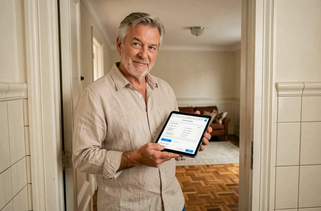 Propriétaire bailleur consultant un devis d'assurance en ligne depuis son appartement à louer