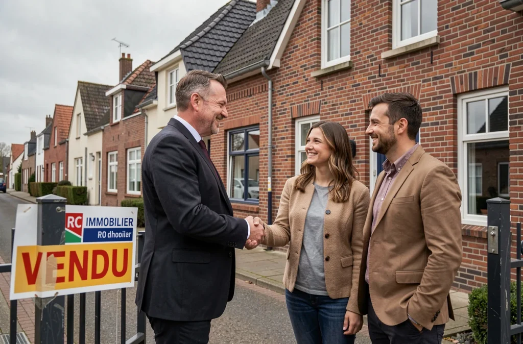 Agent RC Immobilier serrant la main d'un couple devant une maison vendue dans le Nord de la France