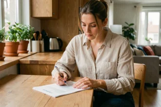 Femme signant un contrat d'assurance habitation dans sa nouvelle cuisine d'appartement