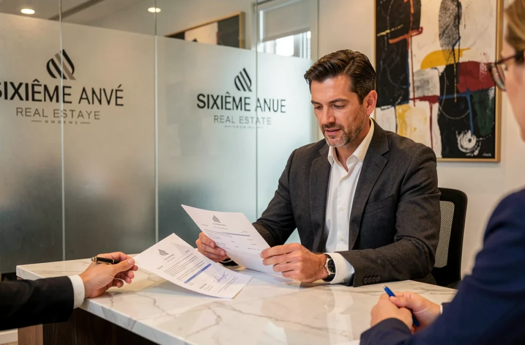 Agent Sixième Avenue Immobilier examinant un bail avec un client dans une agence élégante du Nord