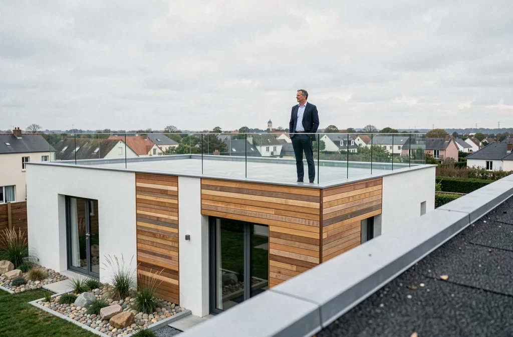 Maison contemporaine avec terrasse sur toit et façade bois et enduit blanc illustrant les constructions TESA Constructions à Nantes