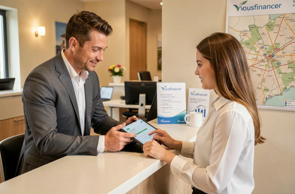 Conseiller Vousfinancer Toulouse accompagnant une cliente dans son plan de financement immobilier sur tablette
