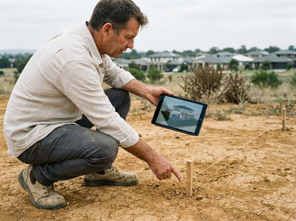 Architecte sur un chantier bornant un terrain irrégulier et visualisant un modèle 3D de maison sur mesure sur une tablette numérique