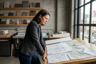 Architecte femme étudiant des plans de maison sur mesure adaptés aux contraintes d'un terrain irrégulier dans un studio d'architecture moderne