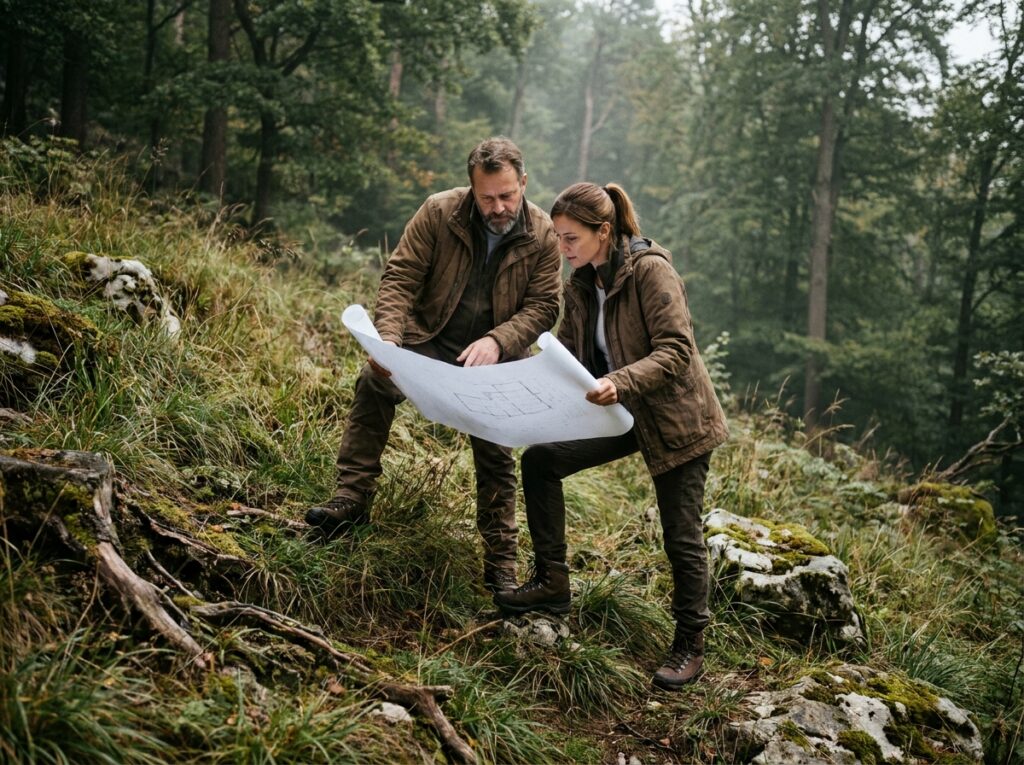 Couple examinant des plans architecturaux sur un terrain en pente boisé avant la construction d'une maison individuelle sur mesure