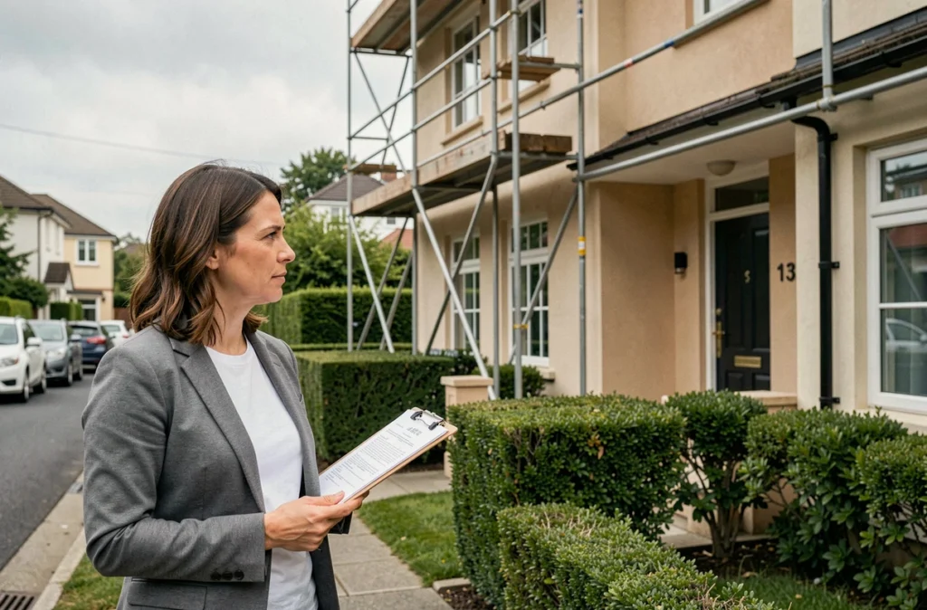 Femme tenant un dossier administratif devant une maison récemment rénovée, symbolisant les démarches de régularisation après un oubli de déclaration d'achèvement de travaux