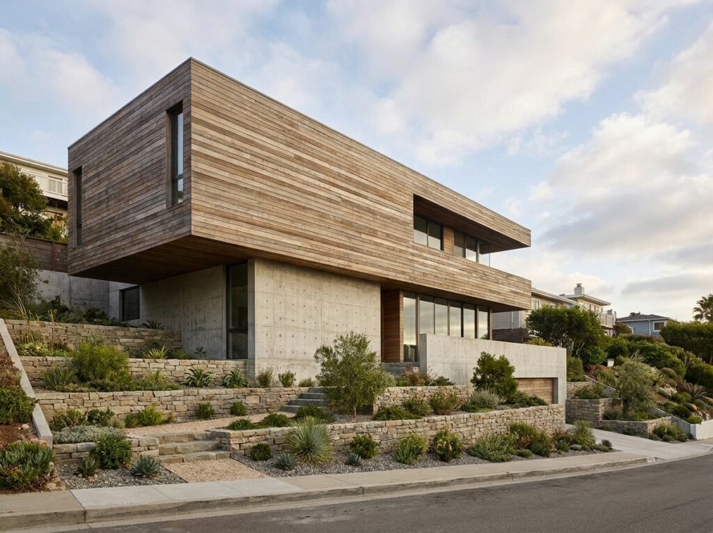 Maison contemporaine sur mesure construite sur un terrain en pente étroit avec un étage en porte-à-faux et des jardins en terrasses