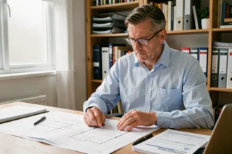 Homme d'une quarantaine d'années examinant des formulaires administratifs et des plans de construction sur un bureau en bois, illustrant la régularisation d'un oubli de déclaration d'achèvement de travaux
